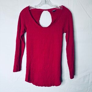 Free People Womens Textured Long Sleeve Keyhole Back Top Berry Red Size M